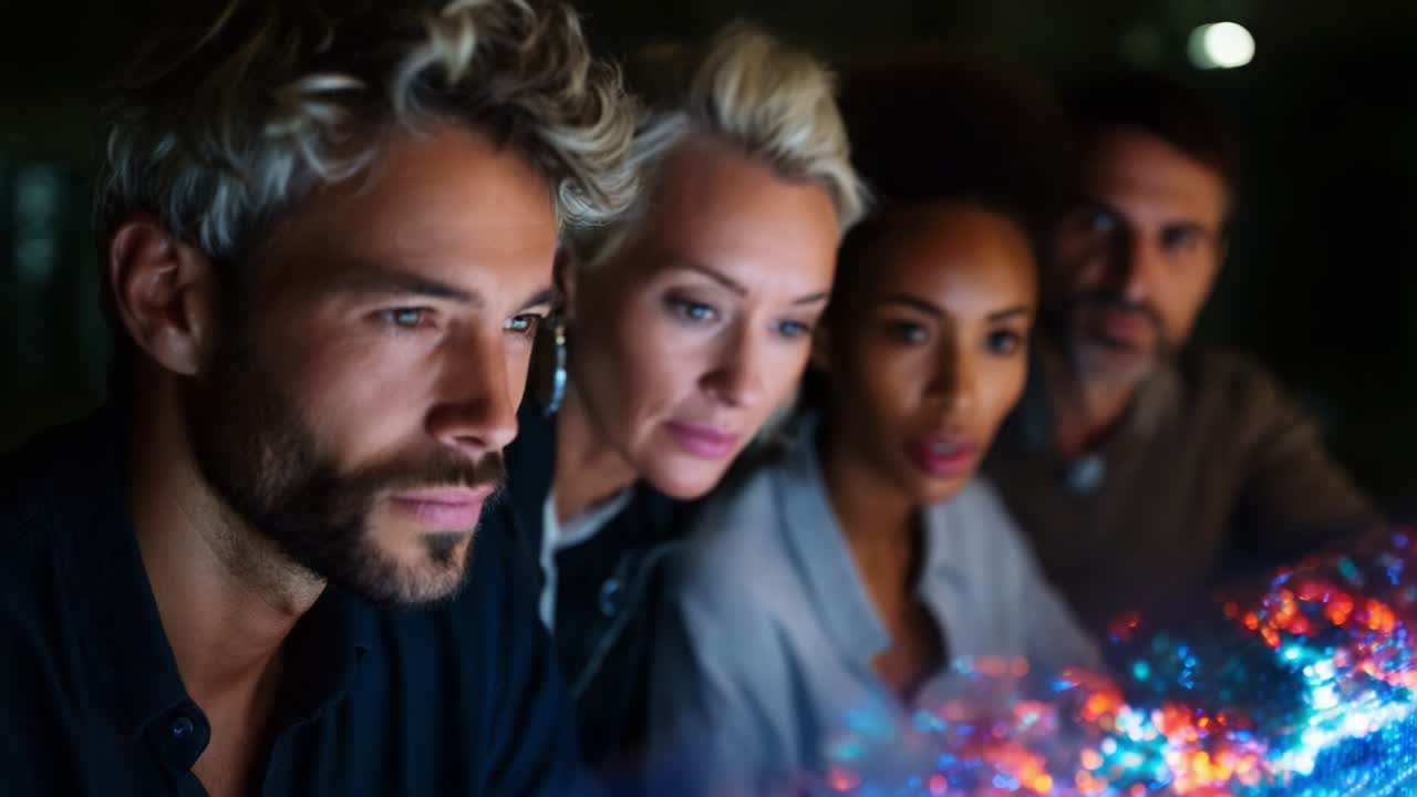 Group of professionals engaged in a focused discussion, analyzing vibrant data visualization on a screen, exploring innovative ideas and insights, embodying collaboration and creativity in technology-driven environment