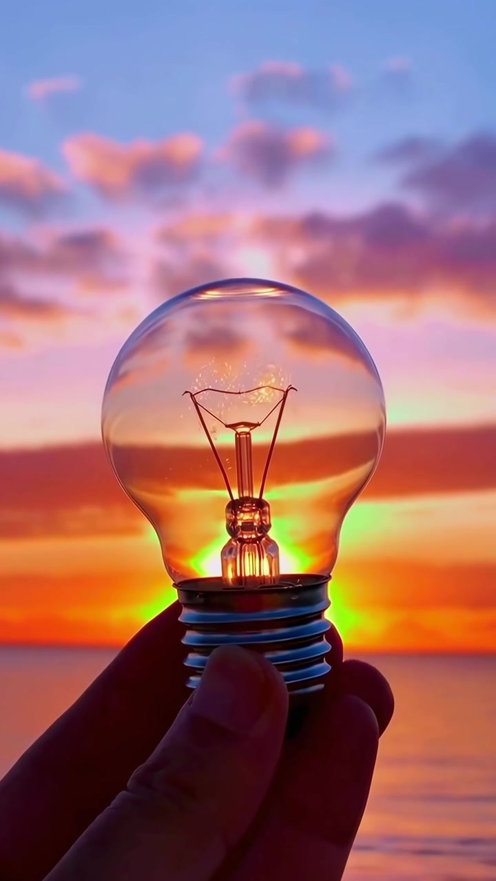 Mano che tiene una lampadina contro un tramonto vibrante