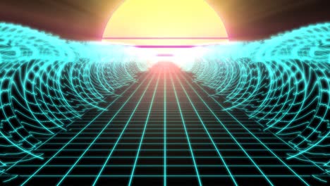 synthwave retro wireframe net grid ocean tidal waves and 80s sun - 4k seamless loop motion background animation