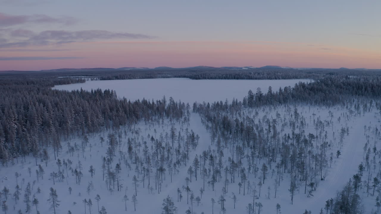 Luftfoto som trekker seg bort fra soloppgang over frossent Norrbotten skogslandskap, Lapplands vinterlandskap