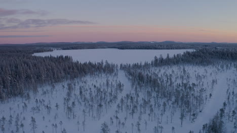 aerial view pull away from sunrise above frozen norbotten woodland lapland winter landscape