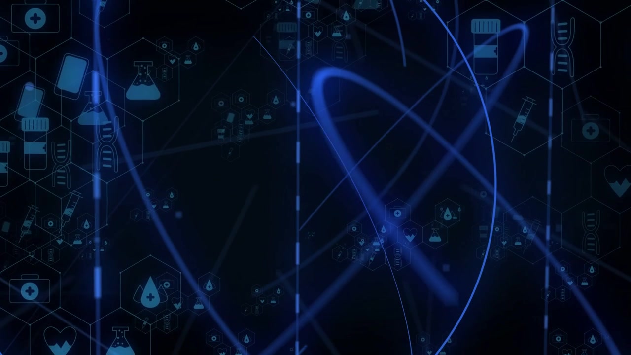 Center bars lighting med network emerging hex icons appearing neon arcs linking nodes showing data