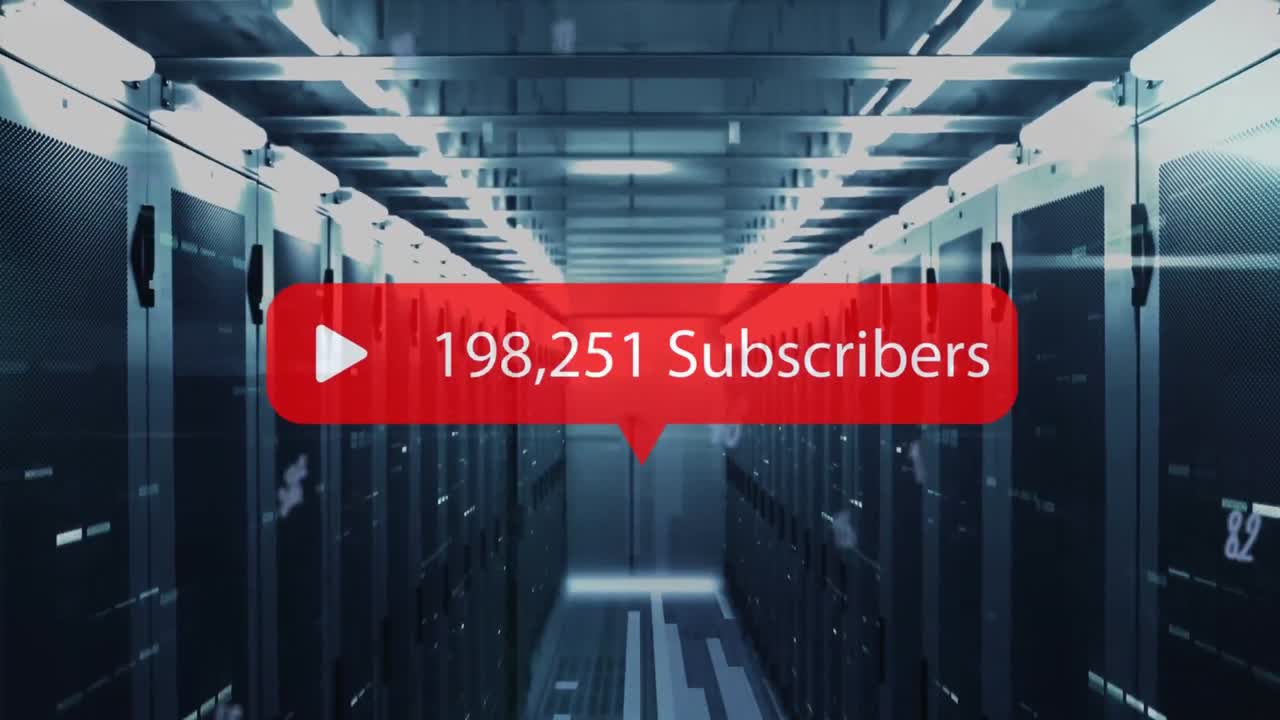Animation of play icon with increasing subscribers and multiple numbers against computer server room