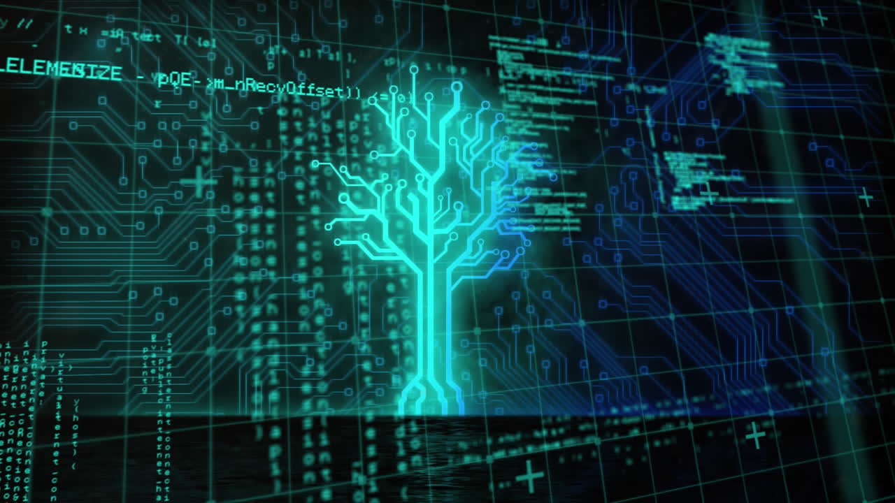 Animation of a neon, blue tree over data processing and statistics.