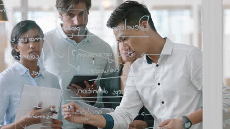 group of business people brainstorming writing ideas on glass whiteboard colleagues working on problem solving solution discussing strategy teamwork in office meeting 4k