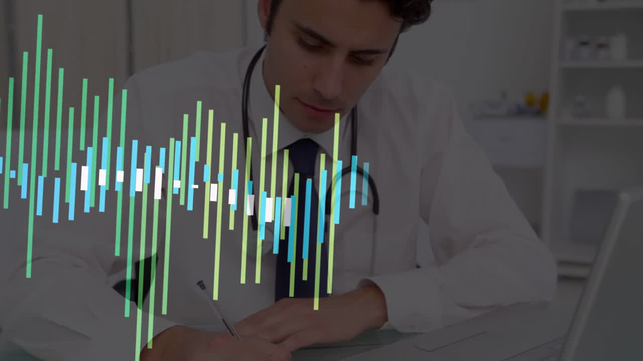 male doctor writing paperwork in medical office, featuring vibrant data waveform overlay for health