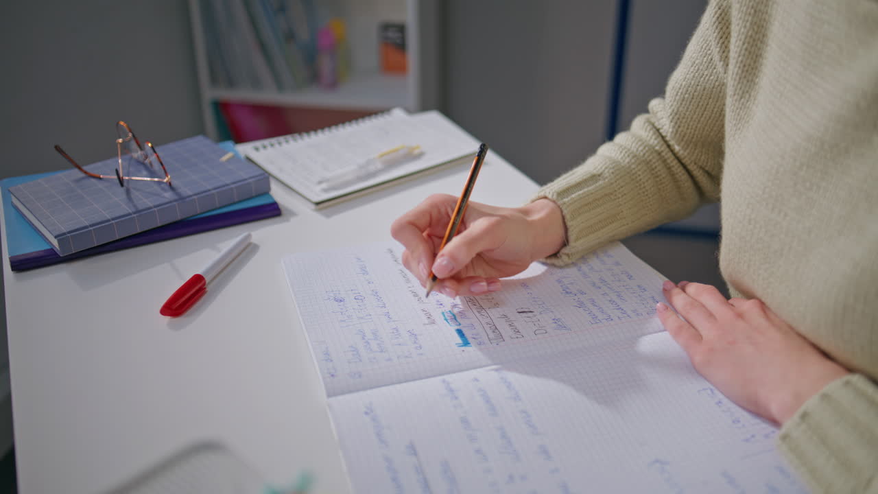 Woman hands checking homework making notes at desk closeup. Educator working
