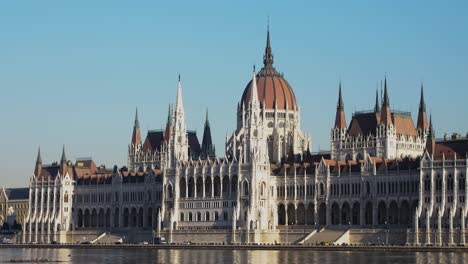 budapest city center view with parliament building and danube river on a sunny day, gothic architecture, medium distant panoramic shot