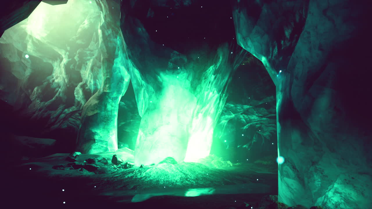 una mística cueva verde brillante