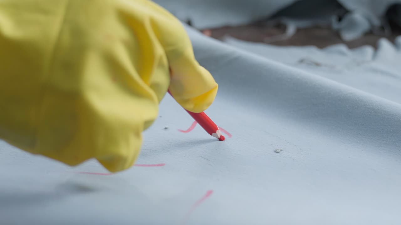Textiles Worker Writing On A Animal Hide With A Red Wax Marking Pencil In A Leather Factory
