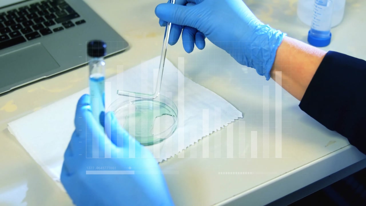 Blue-gloved hands grabbing vial drawing solution via pipette swirling into petri dish for analysis