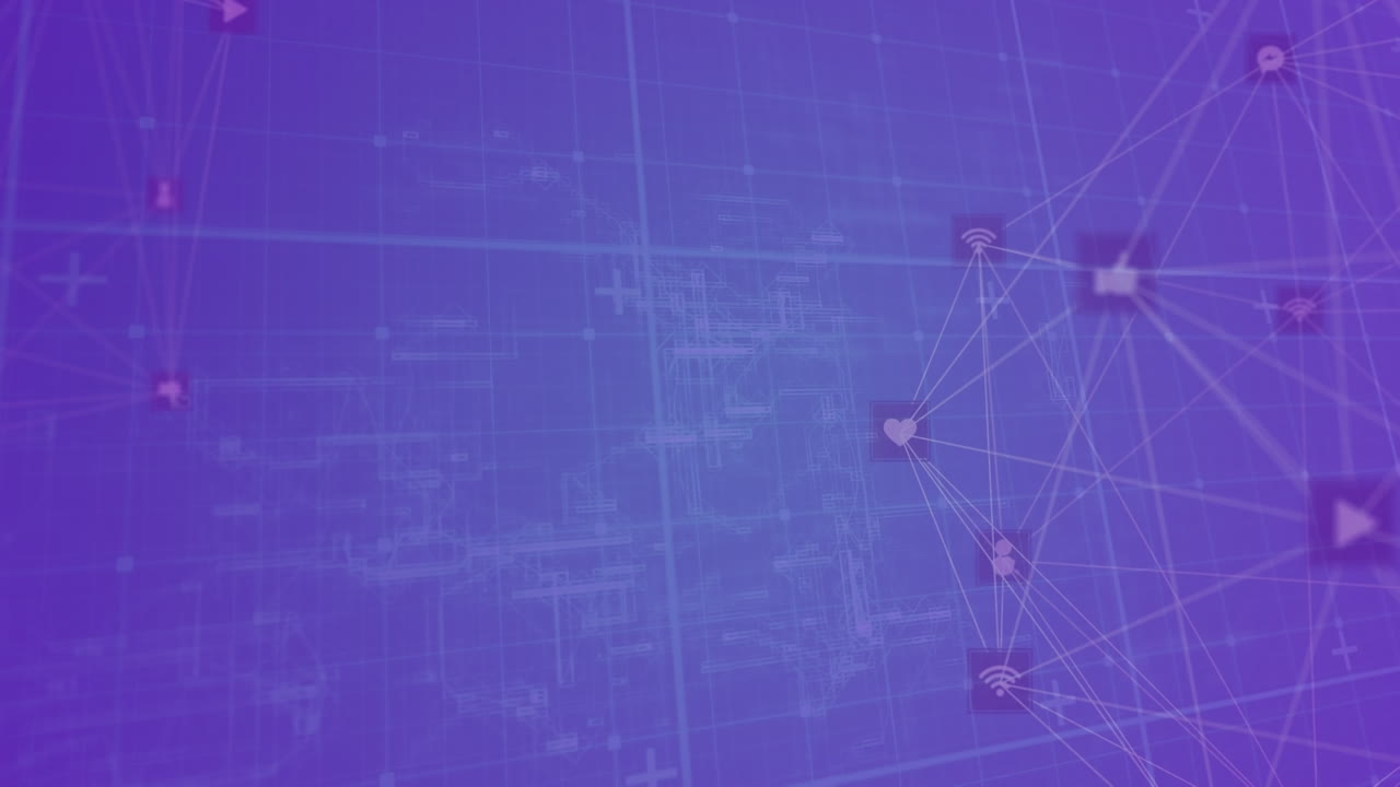 Animation of green shapes over networks of connections with icons on blue background