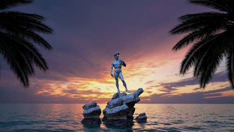 estatua de david en una isla tropical al atardecer