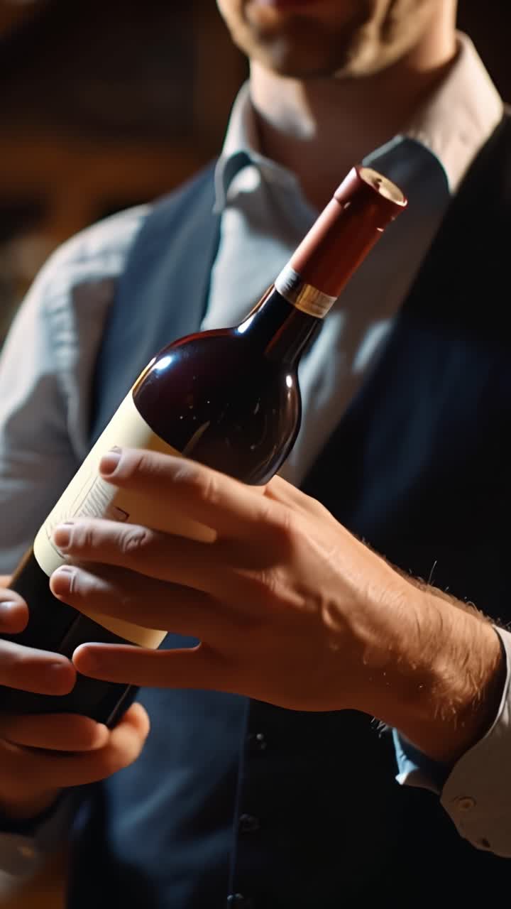 Un primo piano dettagliato di una persona che tiene una bottiglia di vino rosso, mettendo in mostra il colore intenso e l'eleganza della bevanda in un ambiente scarsamente illuminato