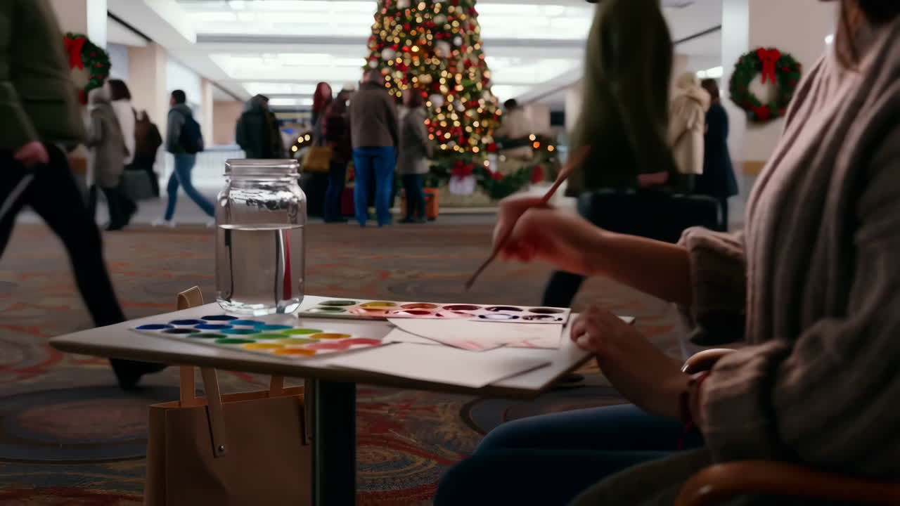 Artist Painting with Watercolors in a Public Space during the Holiday Season