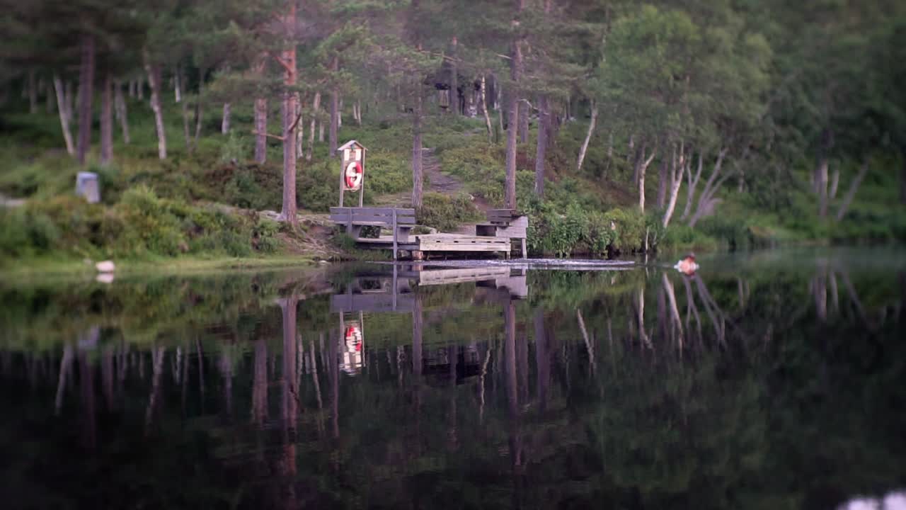 Man diving into a small lake in Norway, Europe.
