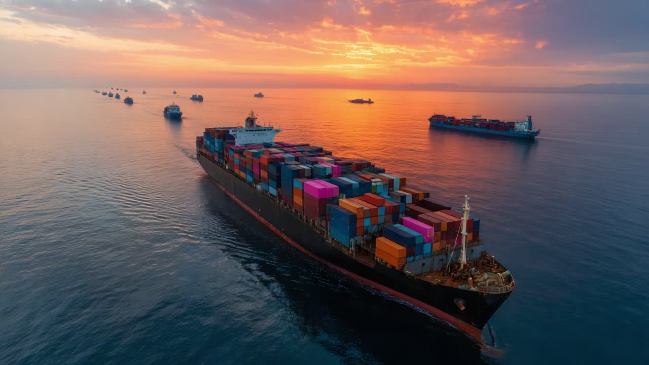 A Majestic Container Ship Navigating Through Serene Waters at Sunset, Surrounded by Other Vessels, Capturing the Tranquility of Maritime Transport and Trade