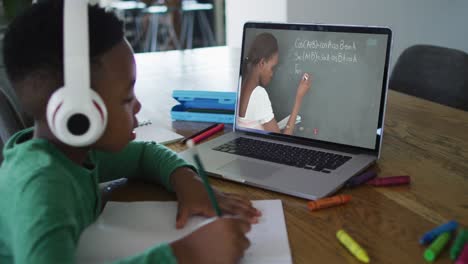 Niño-Afroamericano-Haciendo-La-Tarea-Mientras-Hace-Una-Videollamada-Con-Una-Maestra-En-Una-Computadora-Portátil-En-Casa