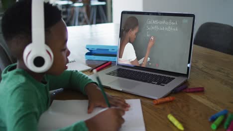 niño afroamericano haciendo la tarea mientras tiene una videollamada con una maestra en una computadora portátil en casa