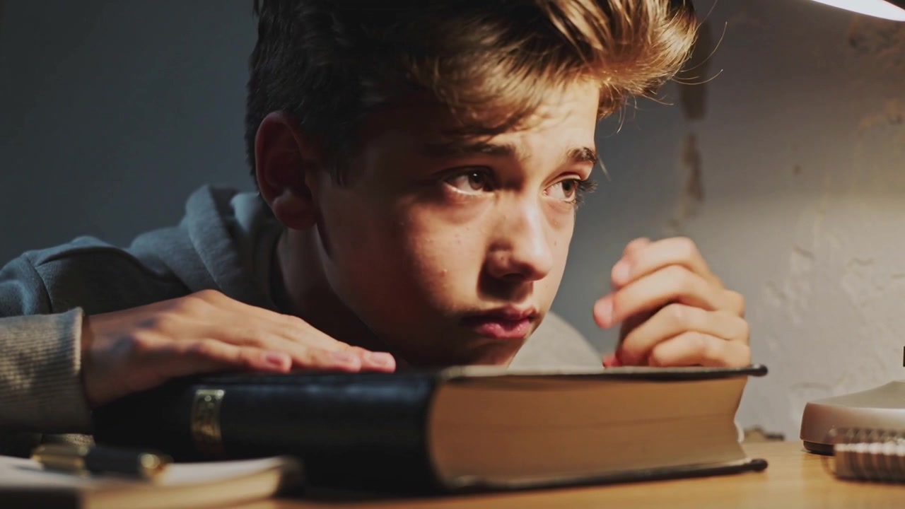 Studying late, teenage boy in hoodie rubbing eye, resting at desk on hardcover book under lamp