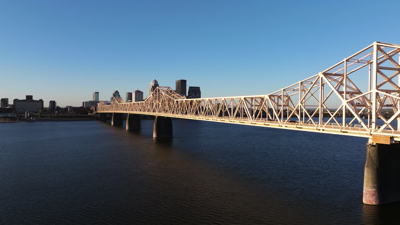 Cinematic Establishing Drone Shot of Clark Memorial Bridge Above Ohio River