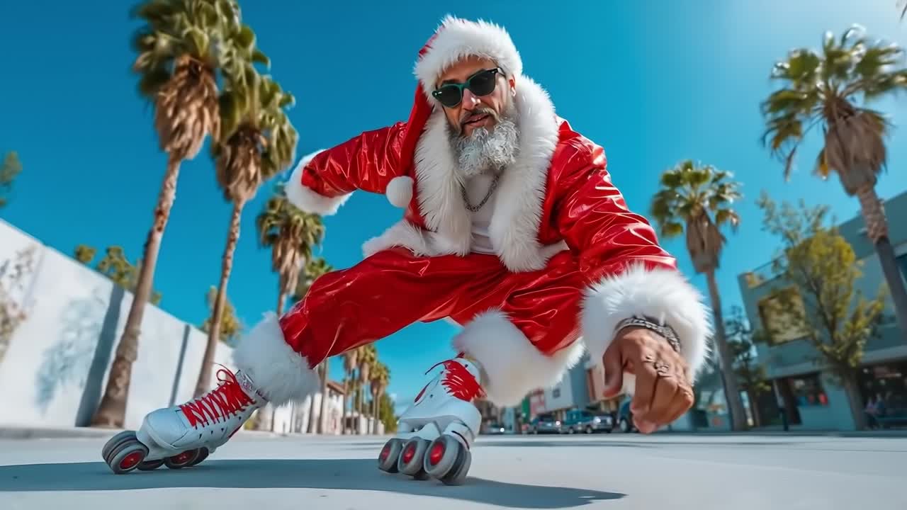 A man dressed as Santa Claus rollerblading down a street with palm trees