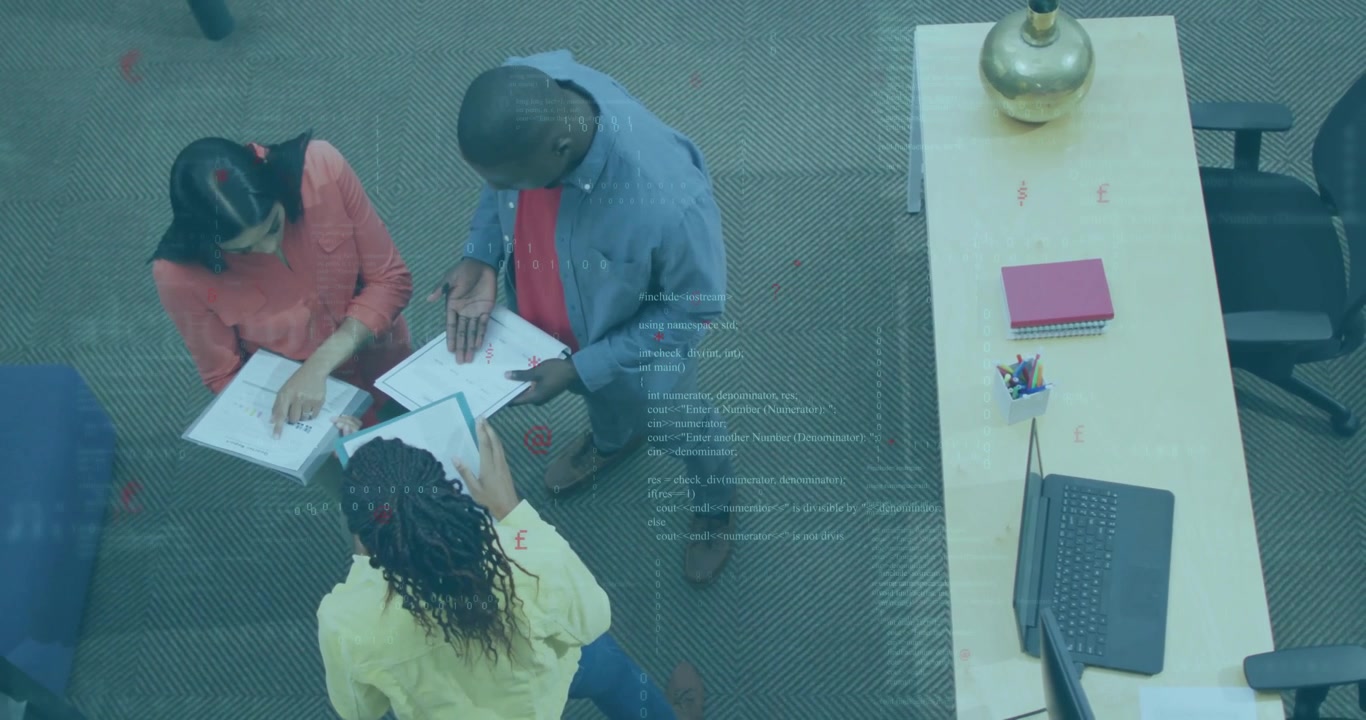 Three professionals opening binders and studying charts with animated overlays for business review