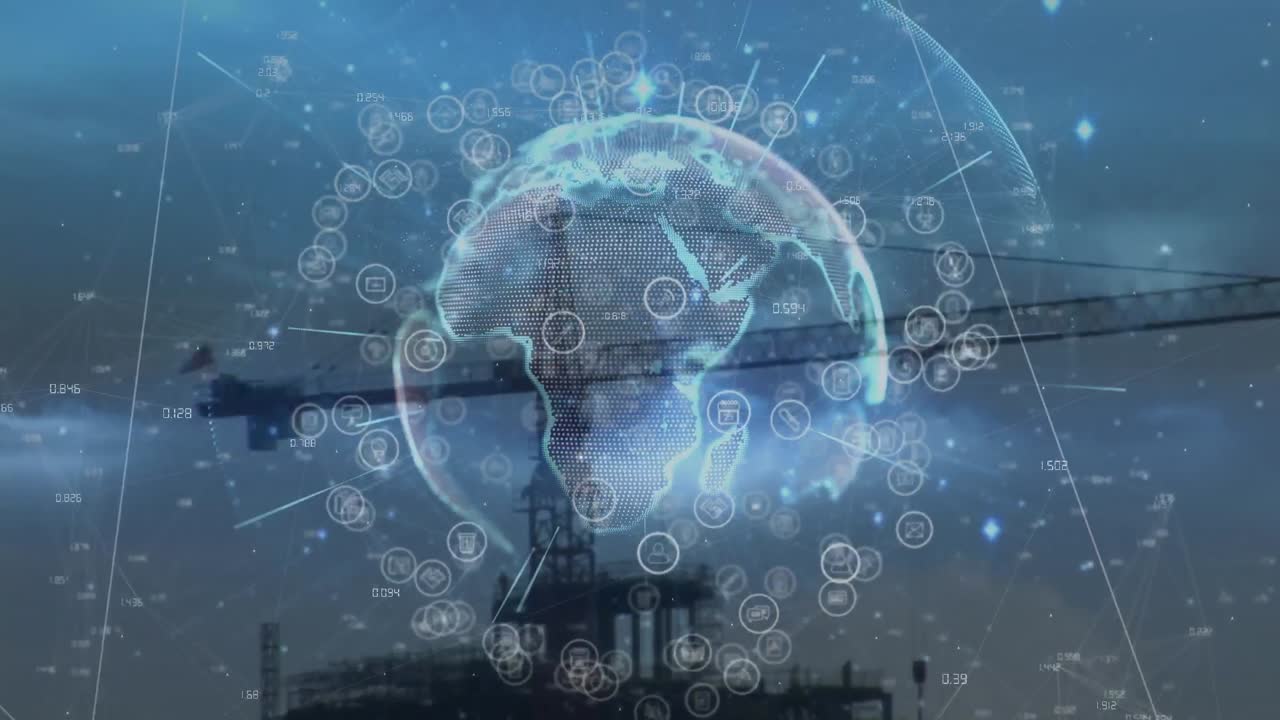 건설 현장 위의 연결을 가진 지구의 애니메이션