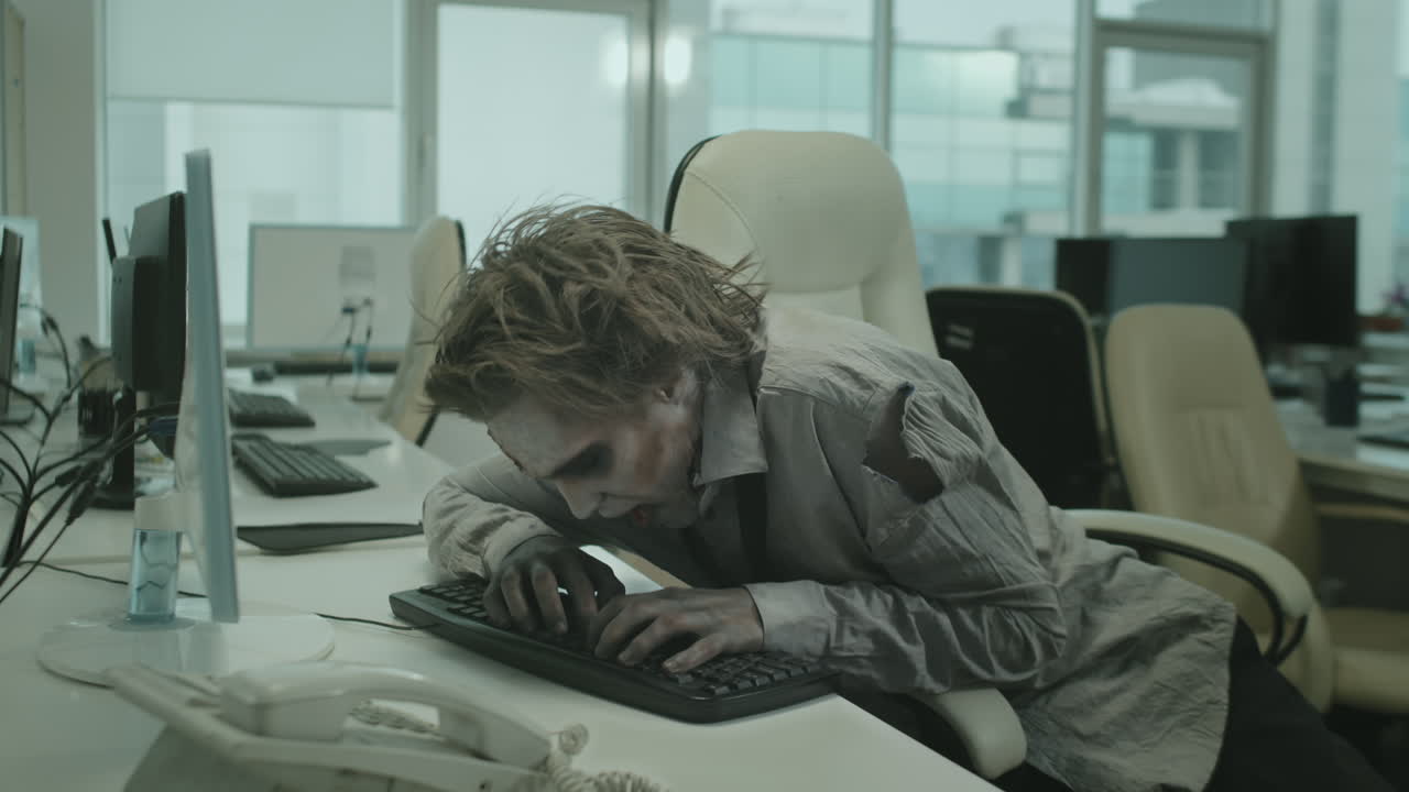 Zombie Office Worker Trying to Type on Computer