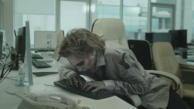 Zombie-Büroangestellte versucht, auf dem Computer zu tippen