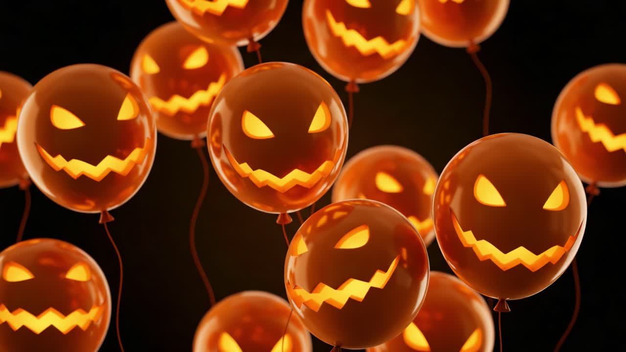 A Spooky Collection of Jack-o'-Lantern Balloons Illuminating the Dark Background, Perfectly Capturing the Essence of Halloween Festivities and Celebrations