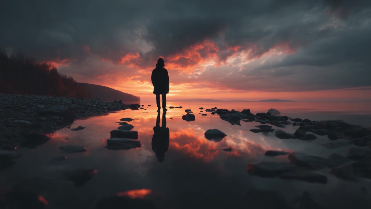 A solitary figure walks along a rocky shoreline, silhouetted against a stunning sunset, beset by dramatic clouds and reflecting the vibrant colors on the water's surface