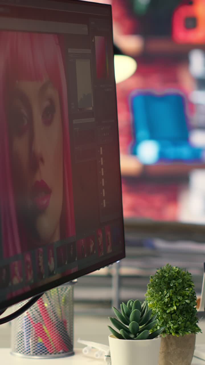 Vertikální video: Moderní kreativní kancelář pro editora fotografií s AI a retušovacím softwarem.
