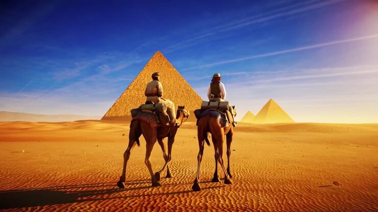 Due persone che cavalcano cammelli verso le Grandi Piramidi di Giza