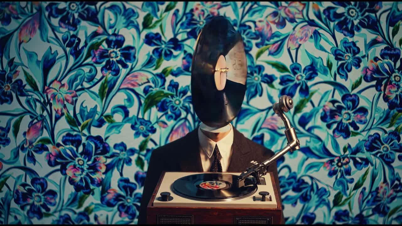 꽃 모양 의 빈티지 레코드 플레이어