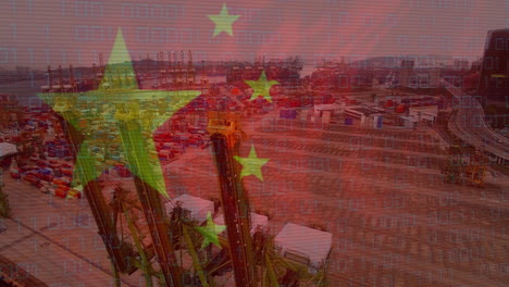 animation of financial data processing and flag of china over landscape