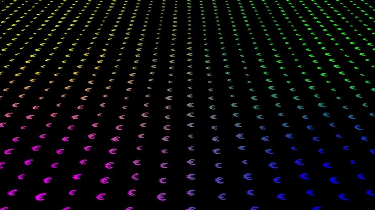 Retro bokeh euro money pattern motion on black background animation seamless loop, technology concept