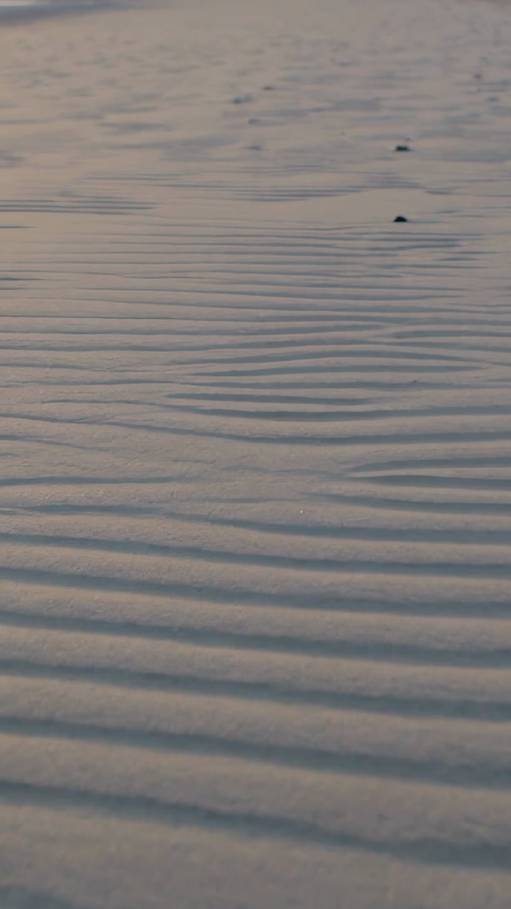 Camera tilting, rippled sand revealing parallel ridges and aligning dark pebbles for design