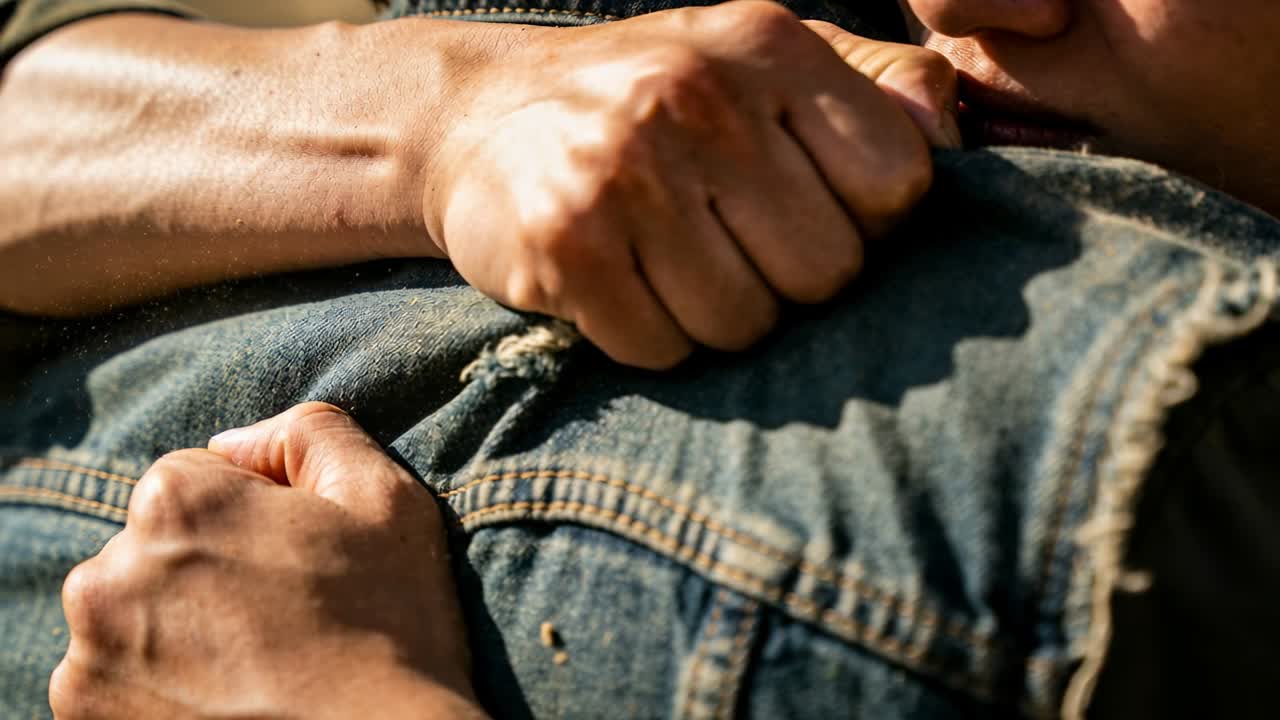 Segurando o ombro de uma jaqueta jeans em close-up fechado, uma segunda pessoa apertando a pegada após um impulso protetor.