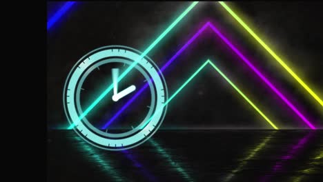 animación del reloj sobre triángulos de neón sobre fondo negro
