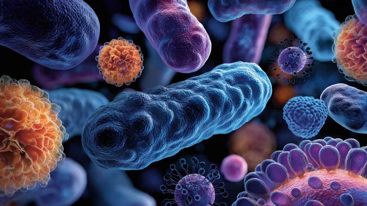 Een verbluffende visualisatie van microbiologisch leven: een verkenning van bacteriën, virussen en celstructuren in een levendig, kleurrijk universum.