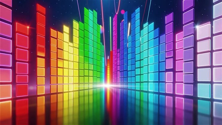 Futuristisk regnbuefarvet neon musik equalizer visualisering baggrund.