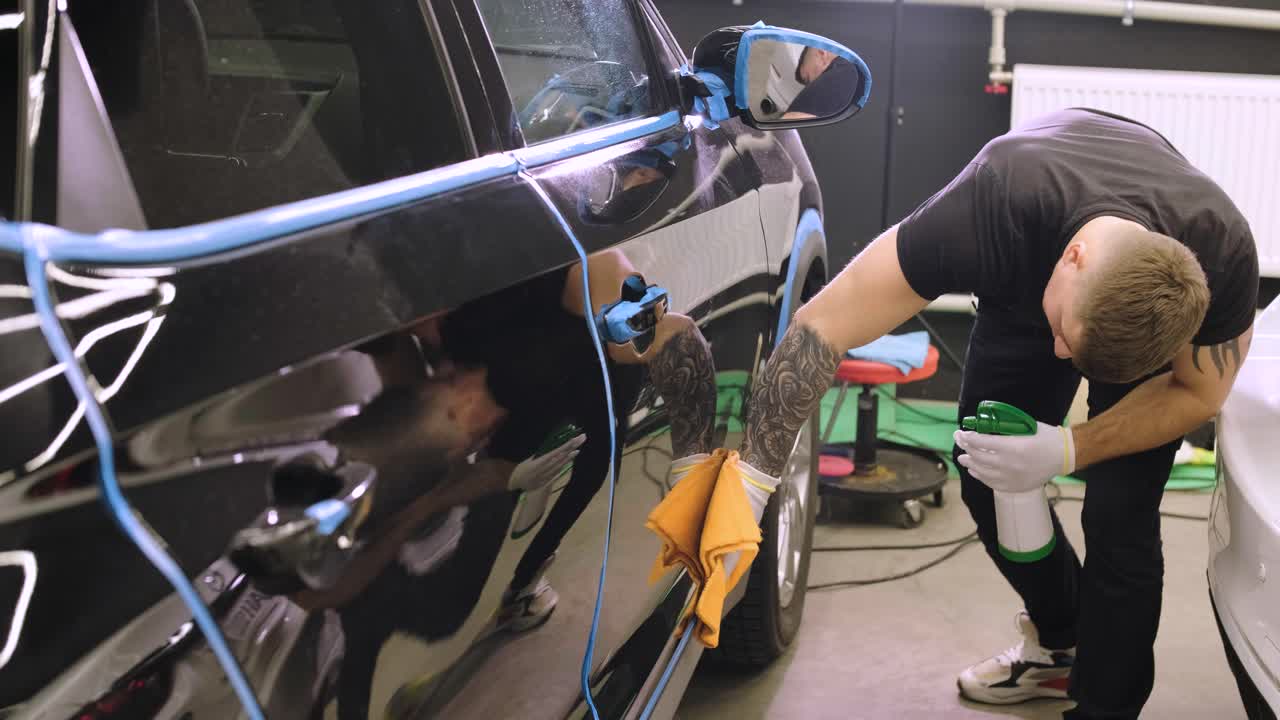 el lavador de coches profesional con guantes negros limpia el coche después de lavar y forrar la cerámica. conceptos de: trabajo profesional, varias herramientas de lavado, limpieza para brillar.