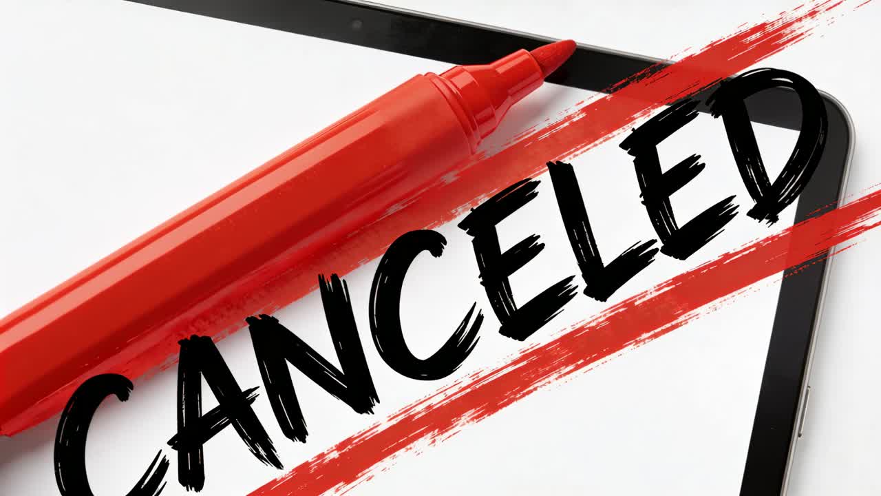 Red marker moving across tablet bezel, partial hand applying strokes, crossing CANCELED in tech