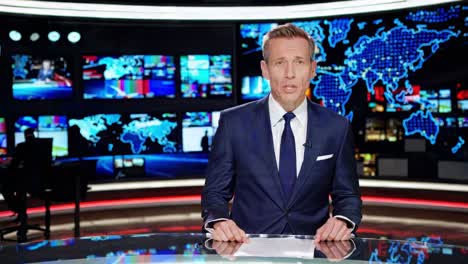 professional news anchor delivering breaking news from sleek, high tech studio, surrounded by digital screens showing global maps and dynamic news feeds