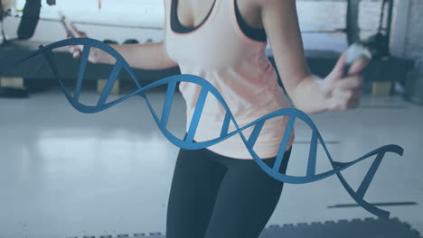 animación de cadena de adn sobre mujer caucásica haciendo ejercicio en el gimnasio