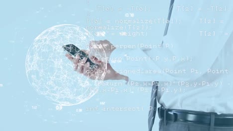 animación de procesamiento de datos y globo sobre empresario caucásico usando teléfono inteligente