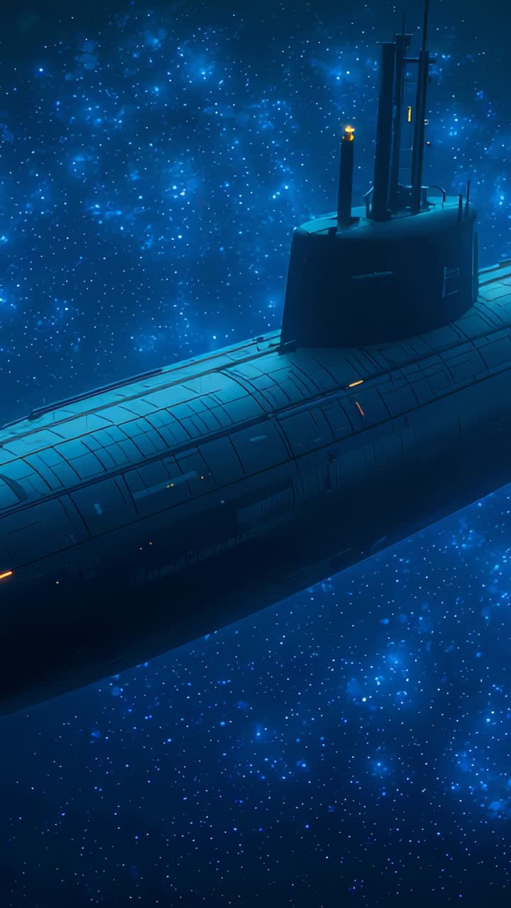 Vertical video: Panning camera tracking submarine hull sail moving in deep blue field, amber lights