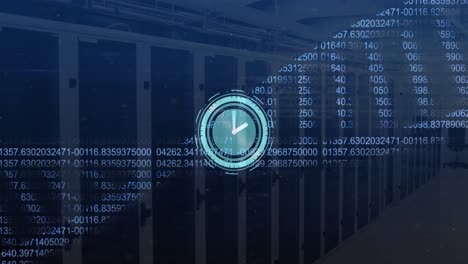 Animation-of-dna-strand,-clock-and-data-processing-over-computer-servers