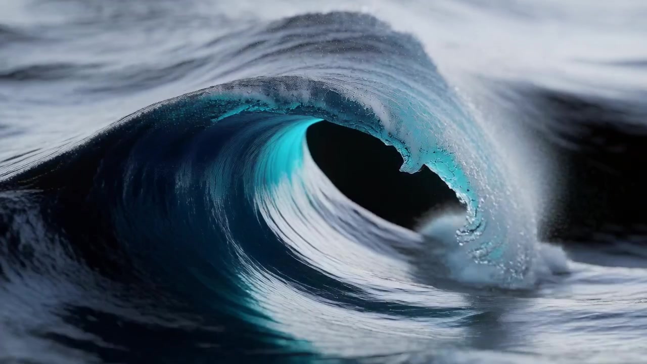 Pushing left swell driving ocean wave curling into hollow barrel at sea level, revealing aqua core